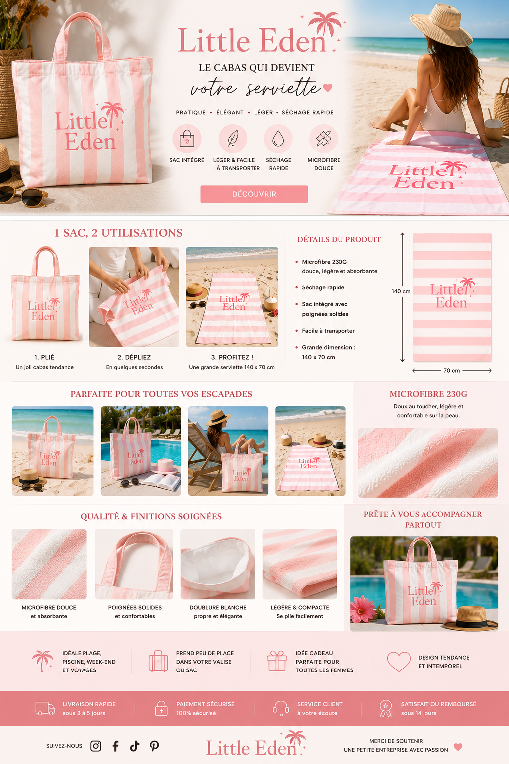 Cabas Serviette 2-en-1 Little Eden – Rose Poudré